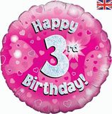 Oaktree 18inch Happy 3rd Birthday Pink Holographic - Foil Balloons